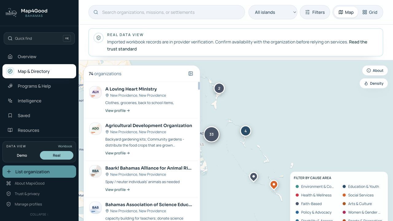 Map4Good Bahamas organization directory and map
