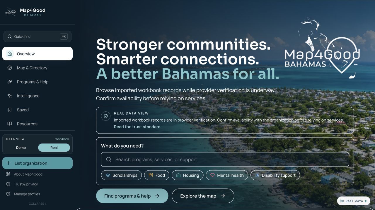 Map4Good Bahamas platform displayed on a desktop monitor