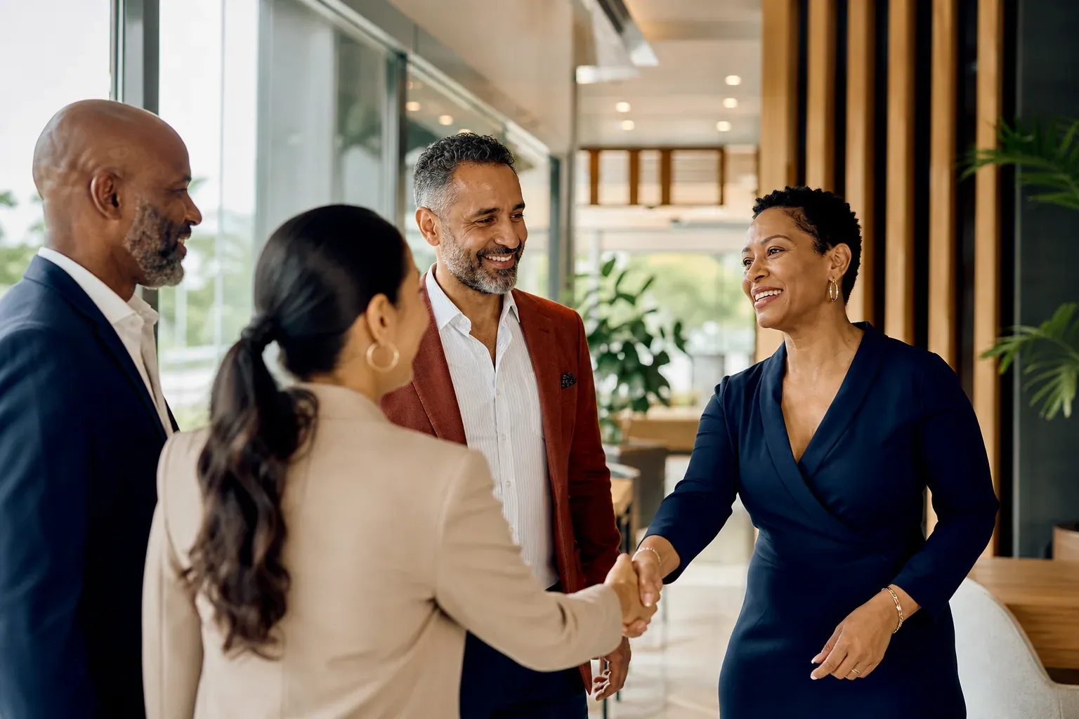 Business leaders greeting one another before a Novio Group discussion